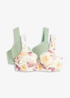 bonprix Wäsche·Baumwollunterwäsche|Wäsche·Große Cups D-H^Schalen-BH mit Bügel mit Bio-Baumwolle (2er Pack) wollweiß geblümt + hellschilf