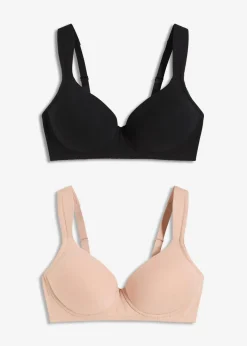 bonprix Wäsche·Baumwollunterwäsche|Wäsche·Große Cups D-H^Schalen-BH ohne Bügel mit Bio-Baumwolle (2er Pack) schwarz + mattbeige