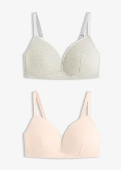 bonprix Bhs|Baumwollunterwäsche^Schalen-BH ohne Bügel mit Bio-Baumwolle und Rippe (2er Pack) seidenrosa meliert+hellgrau meliert