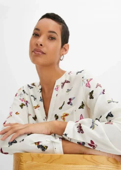 bonprix Bekleidung·Jacken & Mäntel|Blusen & Tuniken^Schlupfbluse aus fließender Viskose wollweiß schmetterlinge