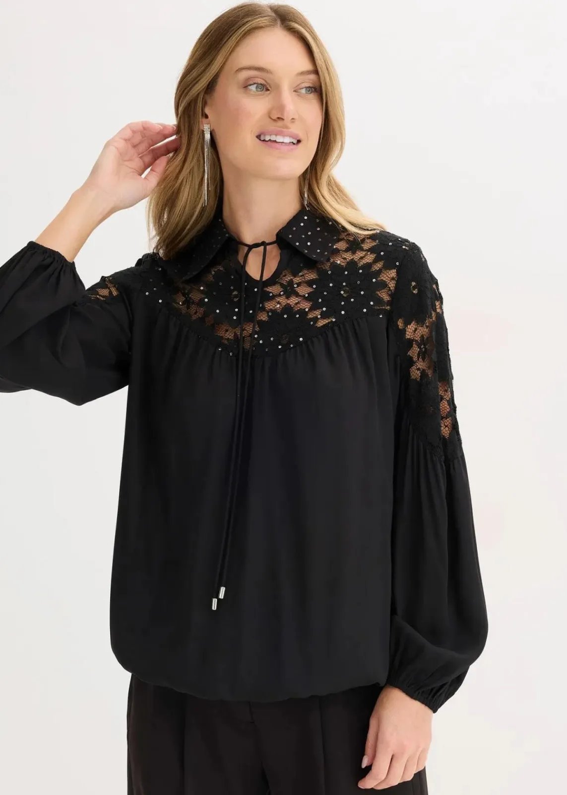 bonprix Festliche Mode|Blusen & Tuniken^Schlupfbluse mit Spitze schwarz