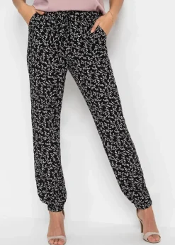 bonprix Hosen|Bekleidung·Kleider^Schlupfhose aus reiner Viskose schwarz/wollweiß floral