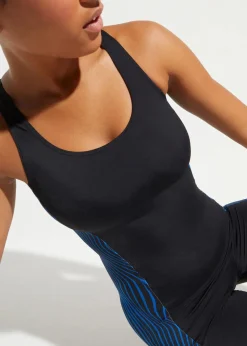 bonprix Nachhaltigere Materialien|Sport Bademode^Schnelltrocknender Sport-Badeanzug in Langgröße mit Bein schwarz/blau graphisch