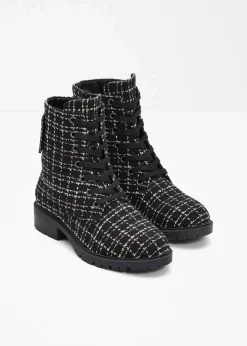 bonprix Boots^Schnürboots in Bouclé-Optik schwarz/weiß