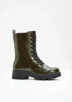 bonprix Boots^Schnürboots in Lack-Optik dunkeloliv
