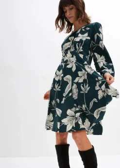 bonprix Bekleidung·Pullover & Strickjacken|Kleider^Schwingendes Kleid aus Viskose tiefgrün floral