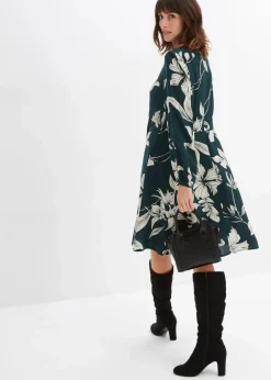 bonprix Bekleidung·Pullover & Strickjacken|Kleider^Schwingendes Kleid aus Viskose tiefgrün floral