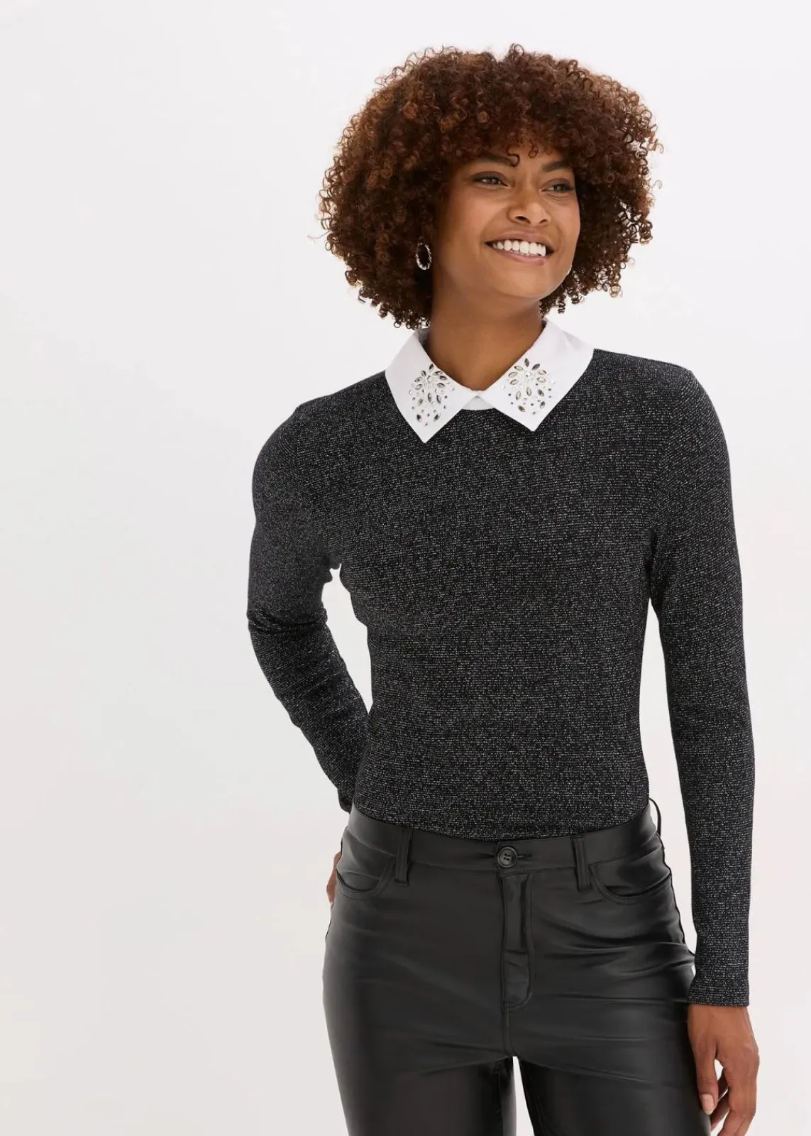 bonprix Shirts & Tops^Shirt aus Baumwoll-Mix schwarz/silber meliert
