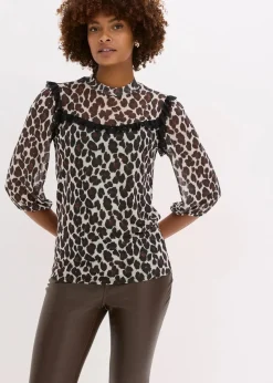 bonprix Shirts & Tops^Shirt aus softem Mesh mit Spitze braun leo bedruckt