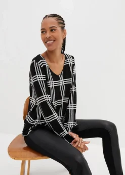 bonprix Shirts & Tops^Shirt mit elastischem Saum, langarm schwarz/wollweiß kariert