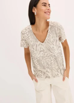 bonprix Shirts & Tops^Shirt mit Gummibund kieselbeige leo bedruckt