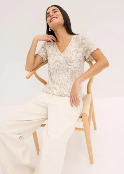 bonprix Shirts & Tops^Shirt mit Gummibund kieselbeige leo bedruckt