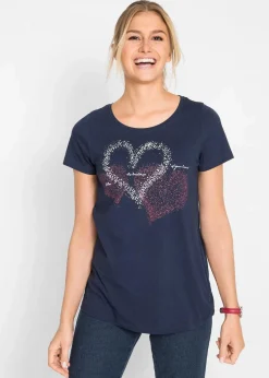 bonprix Nachhaltigere Materialien|Shirts & Tops^Shirt mit Herzdruck aus Bio-Baumwolle dunkelblau bedruckt