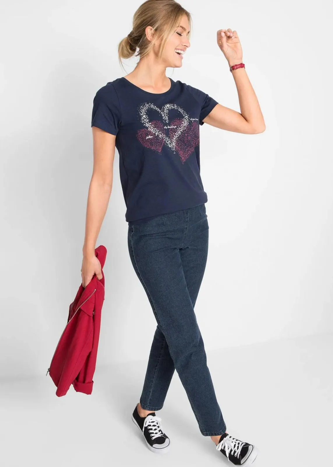 bonprix Nachhaltigere Materialien|Shirts & Tops^Shirt mit Herzdruck aus Bio-Baumwolle dunkelblau bedruckt