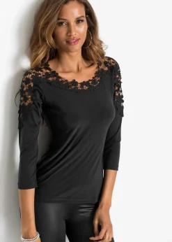 bonprix Shirts & Tops^Shirt mit Häkeleinsatz und 3/4 Arm schwarz