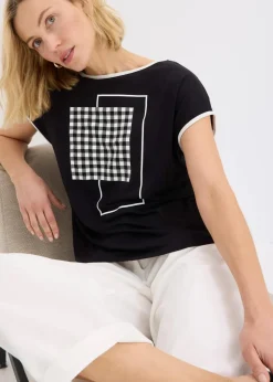 bonprix Shirts & Tops^Shirt mit Kontrast Piping schwarz/wollweiß bedruckt