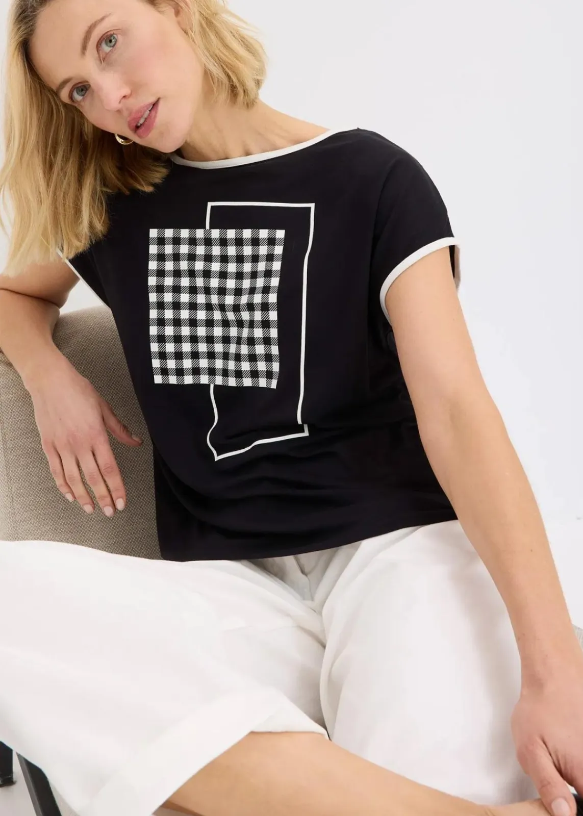bonprix Shirts & Tops^Shirt mit Kontrast Piping schwarz/wollweiß bedruckt