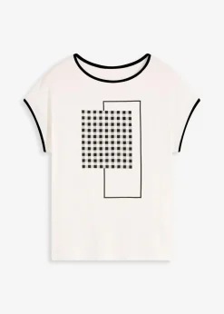 bonprix Shirts & Tops^Shirt mit Kontrast Piping wollweiß/schwarz bedruckt