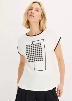bonprix Shirts & Tops^Shirt mit Kontrast Piping wollweiß/schwarz bedruckt