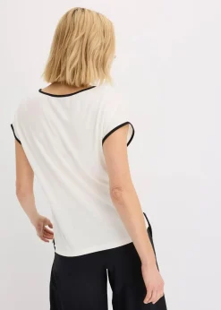 bonprix Shirts & Tops^Shirt mit Kontrast Piping wollweiß/schwarz bedruckt