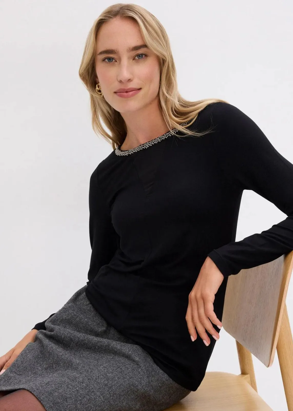 bonprix Nachhaltigere Materialien|Shirts & Tops^Shirt mit Mesheinsatz und Glitzersteinchen schwarz