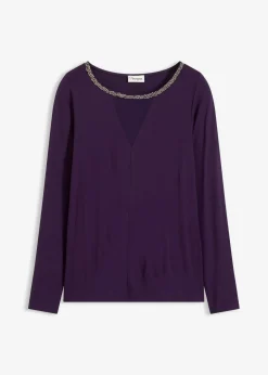 bonprix Shirts & Tops|Nachhaltigere Materialien^Shirt mit Mesheinsatz und Glitzersteinchen dunkellila
