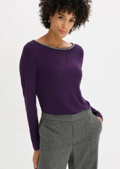 bonprix Shirts & Tops|Nachhaltigere Materialien^Shirt mit Mesheinsatz und Glitzersteinchen dunkellila