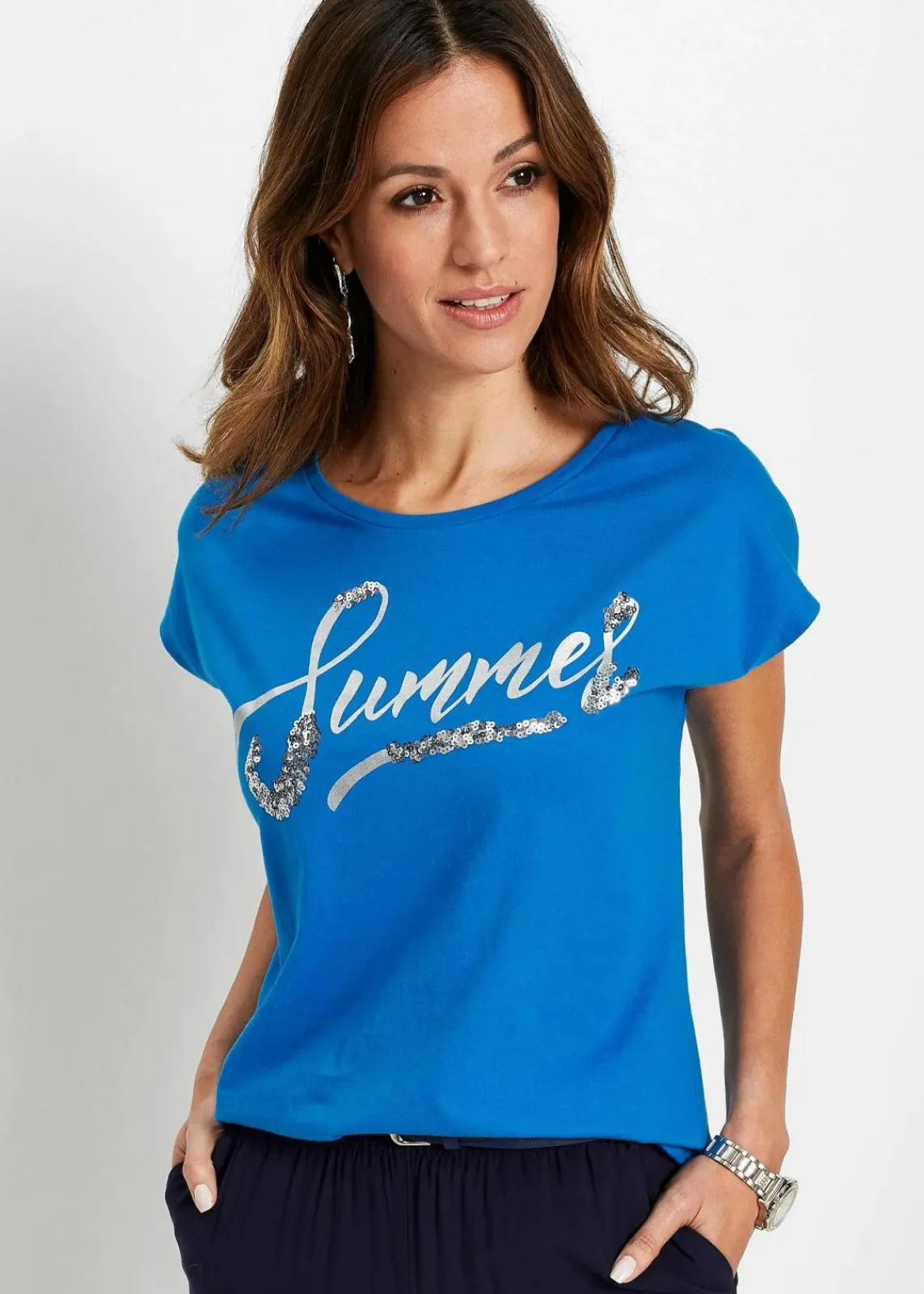 bonprix Shirts & Tops^Shirt mit Pailletten meeresblau/silber bedruckt