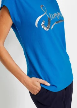 bonprix Shirts & Tops^Shirt mit Pailletten meeresblau/silber bedruckt