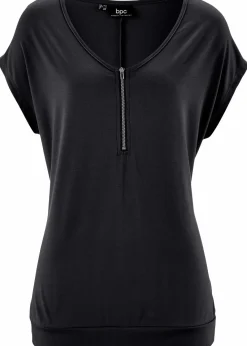 bonprix Shirts & Tops|Nachhaltigere Materialien^Shirt mit Reißverschluss, Kurzarm schwarz