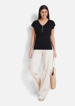 bonprix Shirts & Tops|Nachhaltigere Materialien^Shirt mit Reißverschluss, Kurzarm schwarz