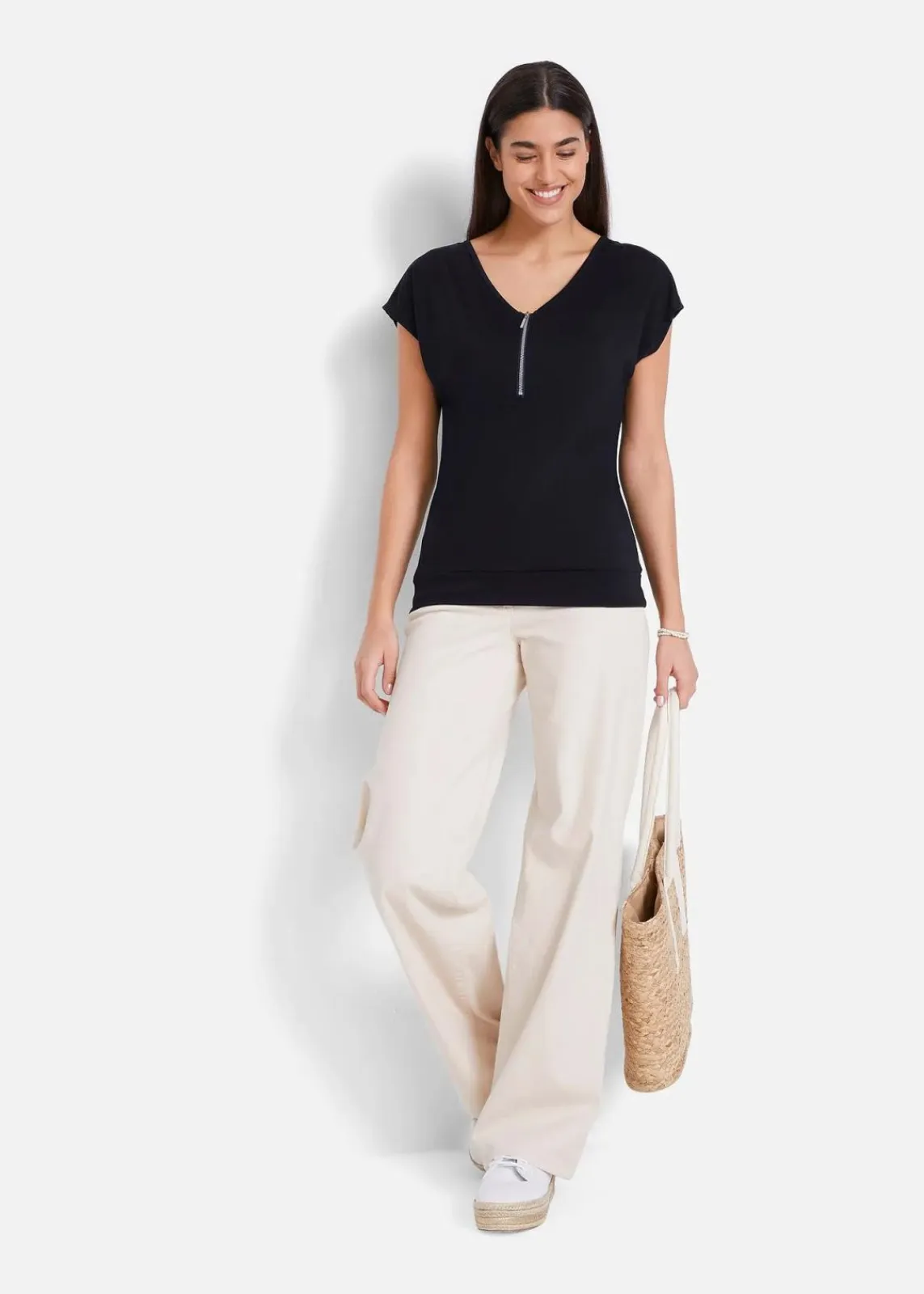 bonprix Shirts & Tops|Nachhaltigere Materialien^Shirt mit Reißverschluss, Kurzarm schwarz