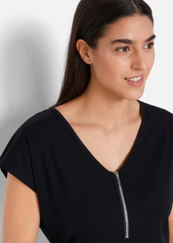 bonprix Shirts & Tops|Nachhaltigere Materialien^Shirt mit Reißverschluss, Kurzarm schwarz