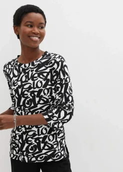 bonprix Nachhaltigere Materialien|Shirts & Tops^Shirt mit Rundhals-Ausschnitt, ¾-Arm weiß/schwarz