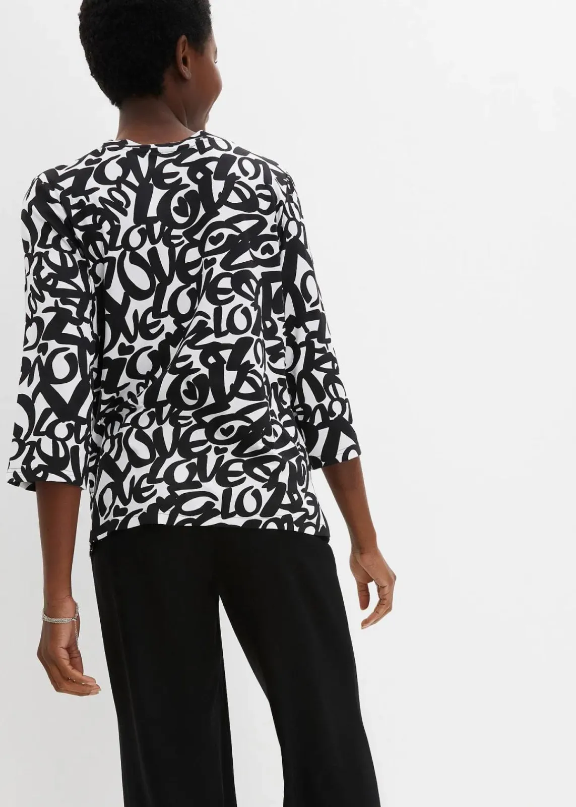 bonprix Nachhaltigere Materialien|Shirts & Tops^Shirt mit Rundhals-Ausschnitt, ¾-Arm weiß/schwarz