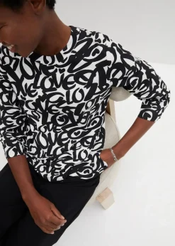 bonprix Nachhaltigere Materialien|Shirts & Tops^Shirt mit Rundhals-Ausschnitt, ¾-Arm weiß/schwarz