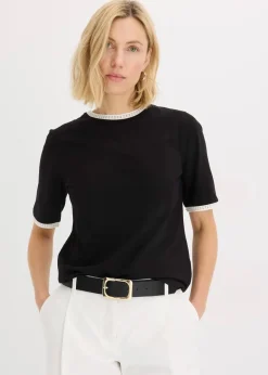 bonprix Shirts & Tops^Shirt mit Spitzenborte schwarz/wollweiß