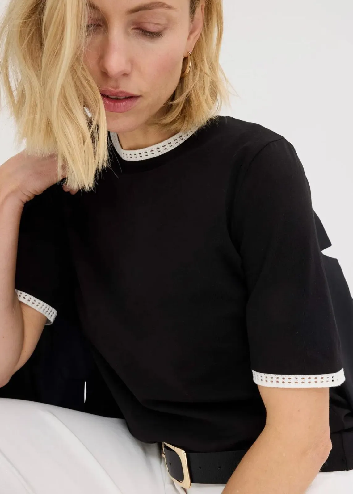 bonprix Shirts & Tops^Shirt mit Spitzenborte schwarz/wollweiß