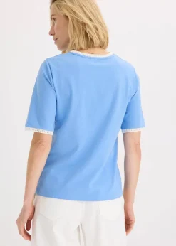 bonprix Shirts & Tops^Shirt mit Spitzenborte mittelblau/wollweiß
