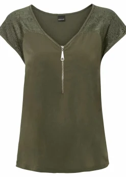 bonprix Nachhaltigere Materialien|Shirts & Tops^Shirt mit Spitzeneinsatz oliv