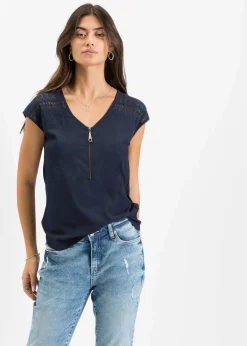 bonprix Shirts & Tops|Nachhaltigere Materialien^Shirt mit Spitzeneinsatz dunkelblau
