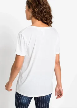 bonprix Bekleidung·Röcke|Nachhaltigere Materialien^Shirt mit V-Ausschnitt weiß