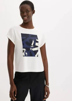 bonprix Shirts & Tops^Shirt mit Viskose und Glitzersteinen wollweiß/indigo bedruckt