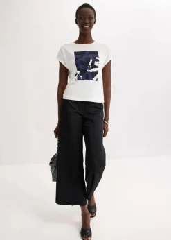 bonprix Shirts & Tops^Shirt mit Viskose und Glitzersteinen wollweiß/indigo bedruckt
