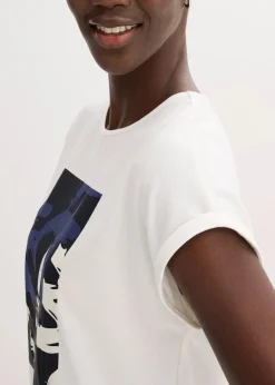 bonprix Shirts & Tops^Shirt mit Viskose und Glitzersteinen wollweiß/indigo bedruckt