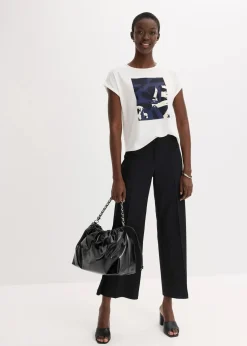 bonprix Shirts & Tops^Shirt mit Viskose und Glitzersteinen wollweiß/indigo bedruckt