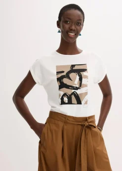 bonprix Shirts & Tops^Shirt mit Viskose und Glitzersteinen wollweiß/taupe bedruckt