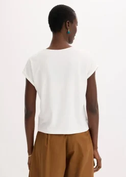 bonprix Shirts & Tops^Shirt mit Viskose und Glitzersteinen wollweiß/taupe bedruckt