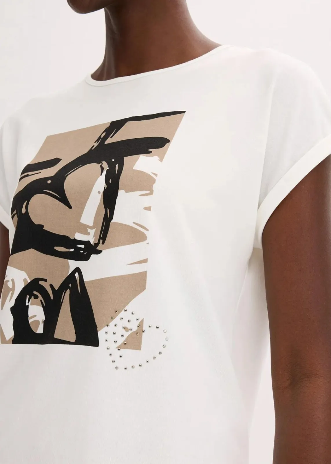 bonprix Shirts & Tops^Shirt mit Viskose und Glitzersteinen wollweiß/taupe bedruckt
