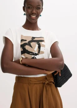 bonprix Shirts & Tops^Shirt mit Viskose und Glitzersteinen wollweiß/taupe bedruckt